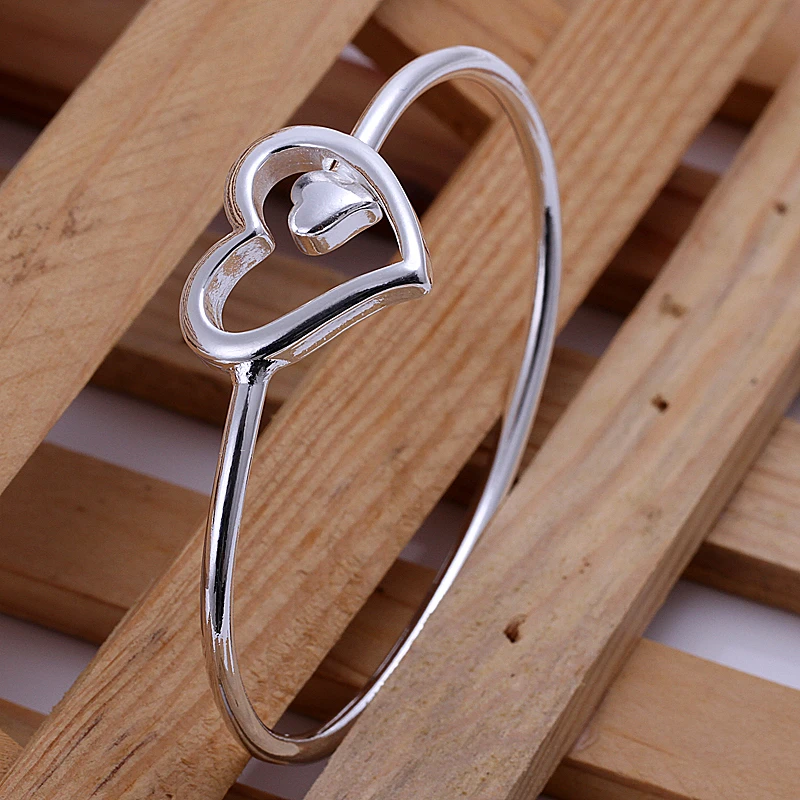 

2015 new arrived 925 sterling silver jewelry from india fashion double heart bangle open cuff bracelet for women' Fine jewerly