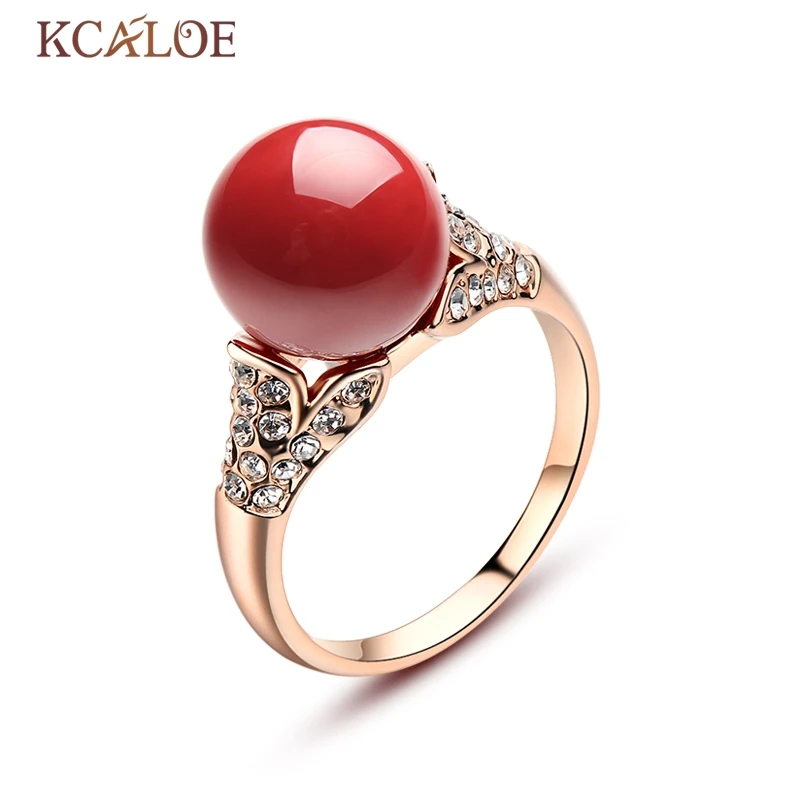

KCALOE Red Artificia Coral Rings Austrian Crystal Engagement Women Jewelry Silver/Rose Gold Color Round Ball Natural Stone Ring