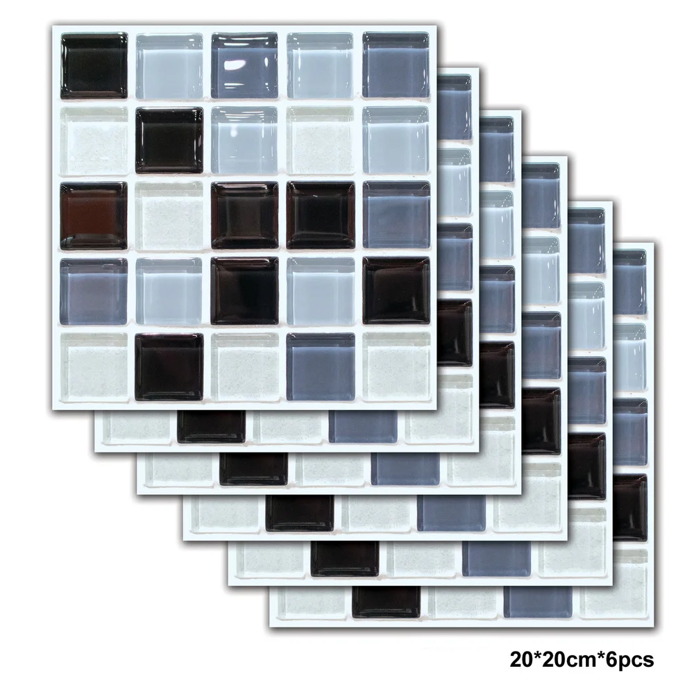 6Pcs/set Mosaic 3D Sticker Black Gray PVC Self-adhesive Bathroom Kitchen Tiles Waterproof Wall Stair Tile Stickers Decoration