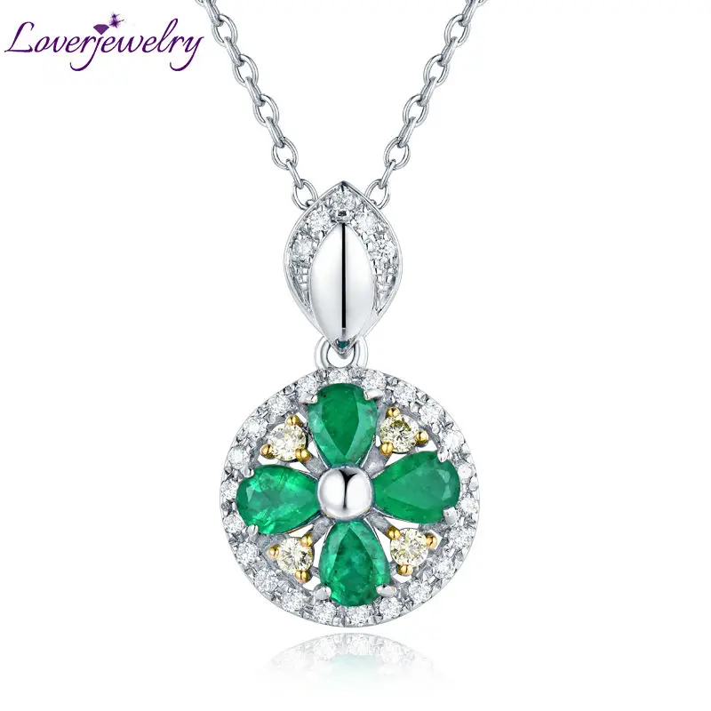

Pendant For Women Solid 18K White Gold Genuine Pear Shape Emerald Pendant White Yellow Diamonds Wedding Gemstone Fine Jewelry