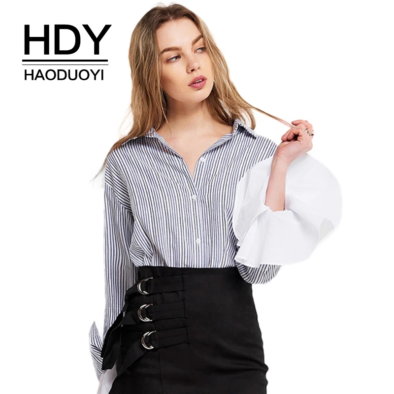

HDY Haoduoyi Women Casual Basic Long Sleeve Frills Patchwork Stripe Tops Blouse Turn Down Collar Single Breasted Shirt Summer