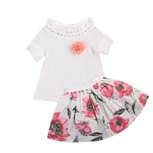 Newest Child Infant Kids Baby Girls Short Puff Sleeve Big Flower Tops Floral Skirt Fancy Outfits Clothes 2PCS Pop Set Cotton