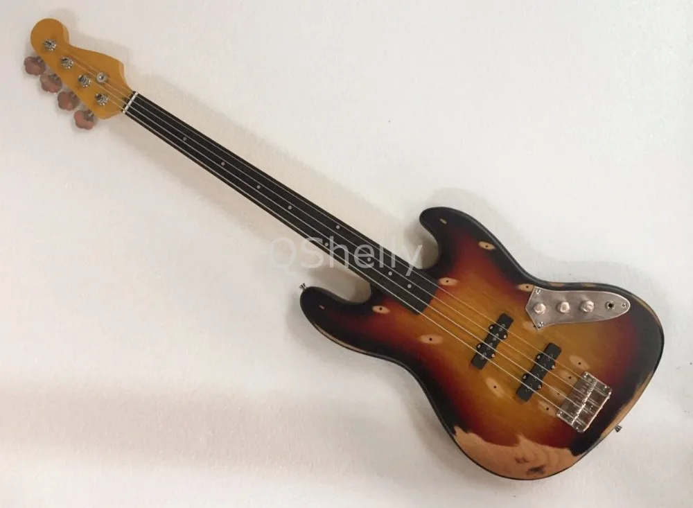 

top quality QShelly custom tobacco/sunburst relic 4 strings old used vintage faded fretless jaco pastoruis electric bass guitar