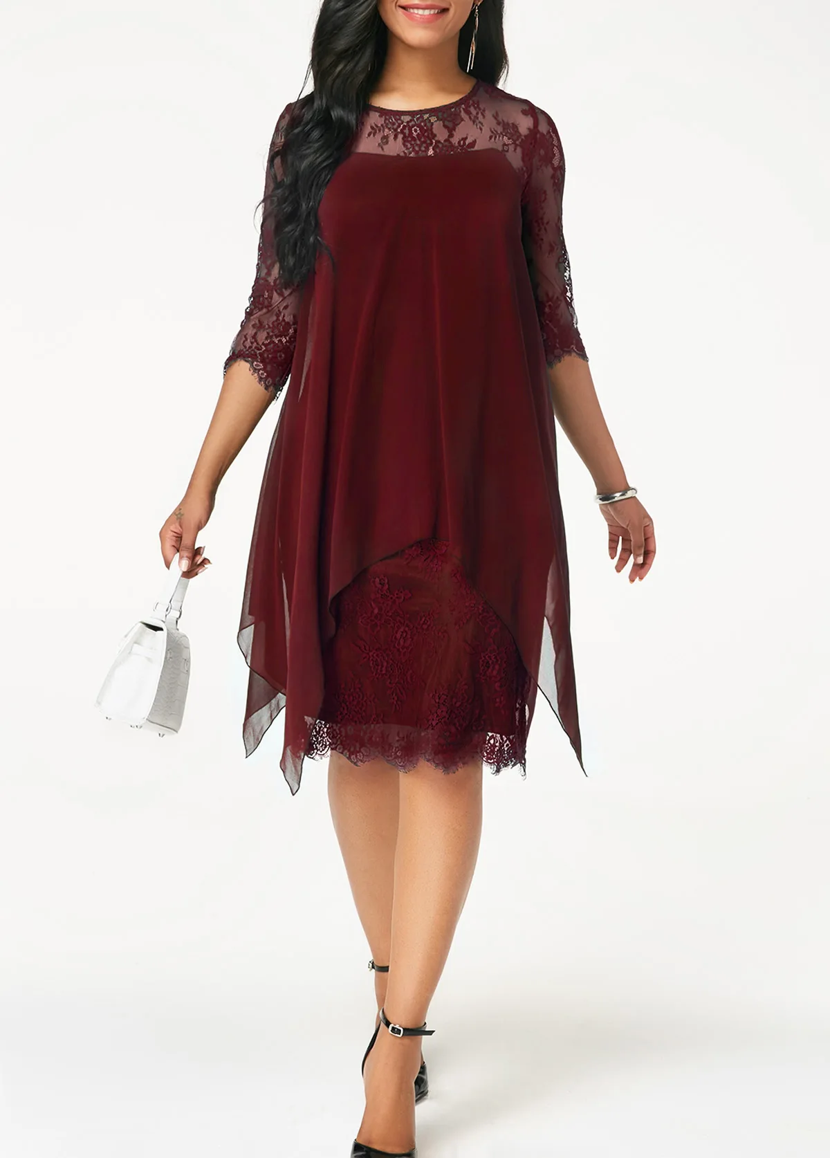 Повседневное женское тонкое кружевное лоскутное платье с рукавом 3/4, дизайн, Коктейльные Вечерние пляжные платья, сарафан, элегантное однотонное простое красивое повседневное платье - Цвет: Бургундия