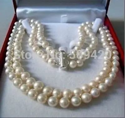 

~~ Free Shipping beautiful huge 2 Rows 9-10mm south sea natural white pearl necklace 17-18
