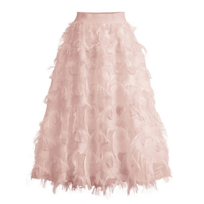 

2018 Mesh Womens Summer Puffy Tulle Midi Skirts Black Feathers Patchwork Voile Sweet Girls High Waist Ball Gown Tutu Saia S8523