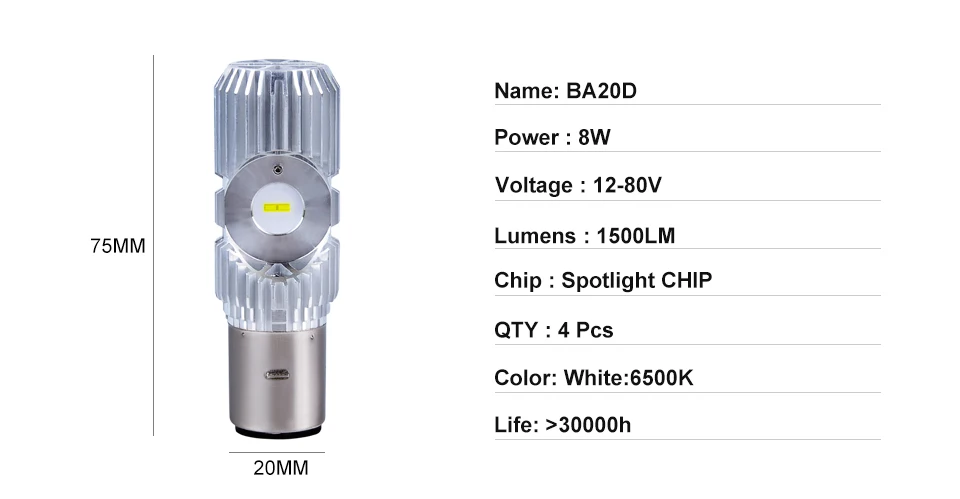 Foxcncar Ba20d H6 moto LED motorcycle Headlight bulb Fanless No noise 20W 1500LM 12V 9-32V 24V HiLo Lamp DRL Lights Moped ATV  (2)