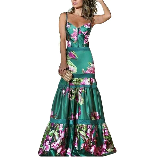 

Floral Printed V Neck Bohemian Maxi Dresses for Women Elegant Sleeveless Summer Beach Dresses Spaghetti Strap Trumpet Vestidos
