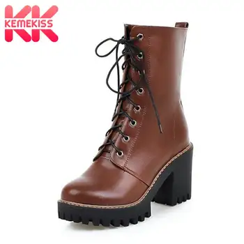 

KemeKiss Half Short Boots For Women Winter Fur Warn Platform Shoes Women 2020 Casual Lace Up Square Heels Footwear Size 33-43