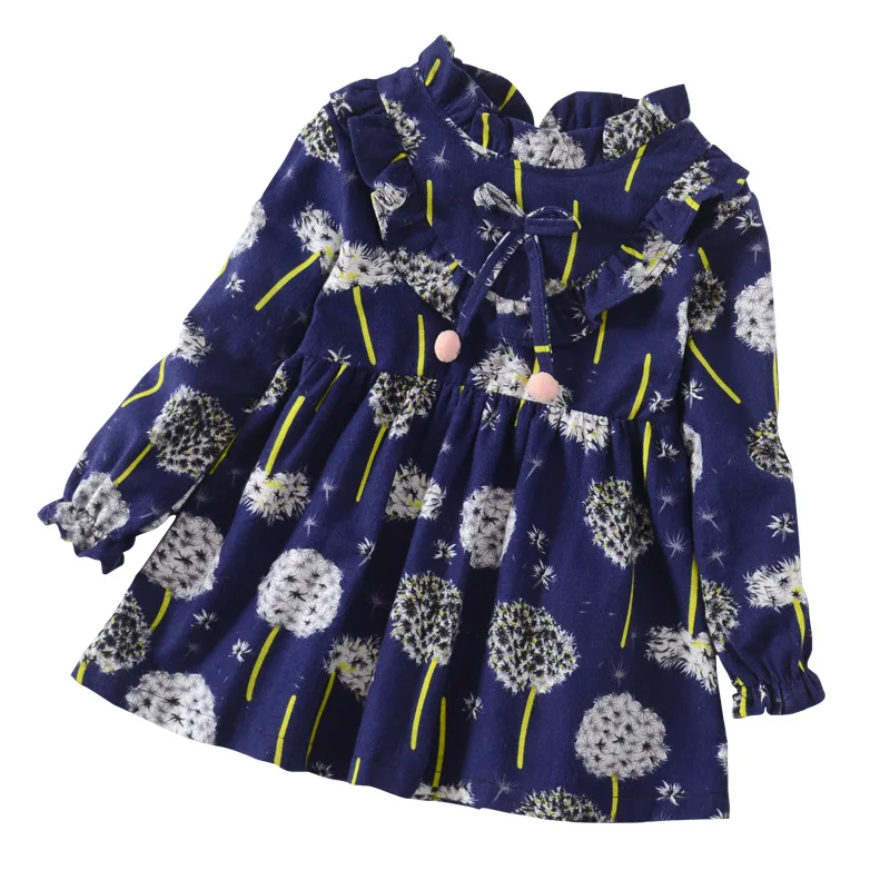 

kids baby clothes pretty princess girl cotton cute full sleeve flower Dandelion print bow dress toddler clothes 1-4T