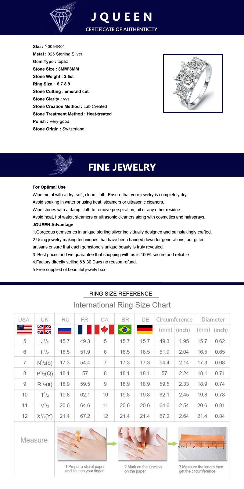 Jqueen стерлингового серебра 925 Роскошные свадебные Юбилей Обручение Ring 2.5 ct Ювелирные изделия 3 Камни anillos Mujer серебряное кольцо