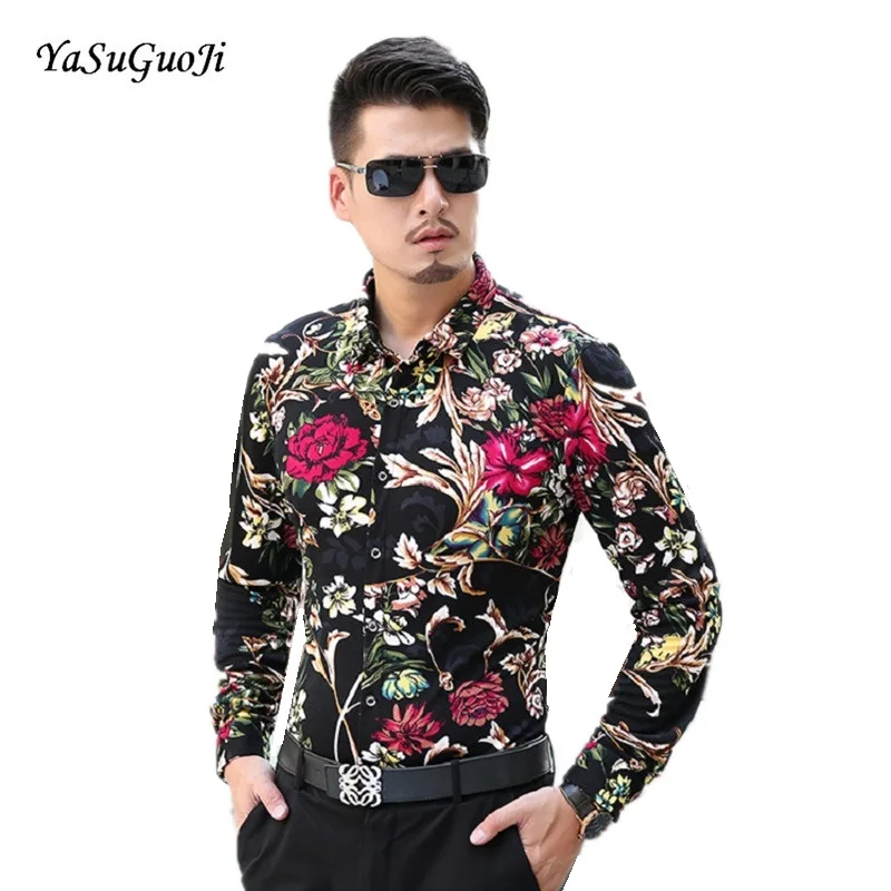 

YASUGUJI New 2019 Mens Dress Shirt Men Shirt 7xl Mens Casual Floral Print Long Sleeve Silk Shirt Luxury Shirt Men Business