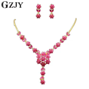 

GZJY Luxury Wedding Party jewelry Gold Color Flowers Red Zircon Necklace Earring Jewelry Sets For Women 2colors