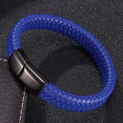 Azul pulsera de cuero trenzado brazaletes tendencia hombre muñeca Banda 3 colores hebilla magnética de los hombres pulseras del encanto de la joyería regalos ST0017 Azul pulsera de cuero trenzado brazaletes tendencia hombre muñeca Banda 3 colores hebilla magnética de los hombres pulseras del encanto de la joyería regalos ST0017