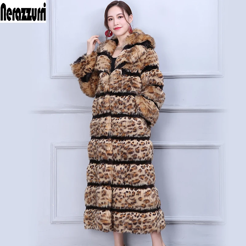 

Nerazzurri High quality leopard print faux fur coat women runway long elegant winter thicken maxi plus size fox fur overcoat 5xl