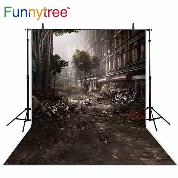 Фотофон Funnytree для фотостудии разрушенный город улица автомобиль и деревья