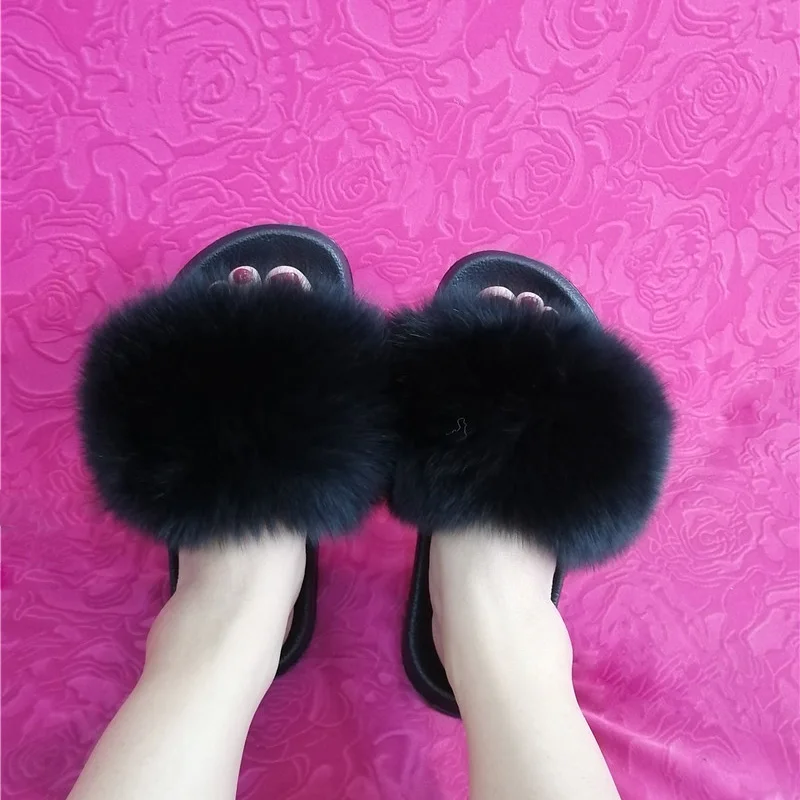 

Women Slippers Real Fox Fur Slides 2019 Summer Cute Fluffy Raccoon Fox Slippers Flats Natural Fashion Beach Flip Flops Sandals