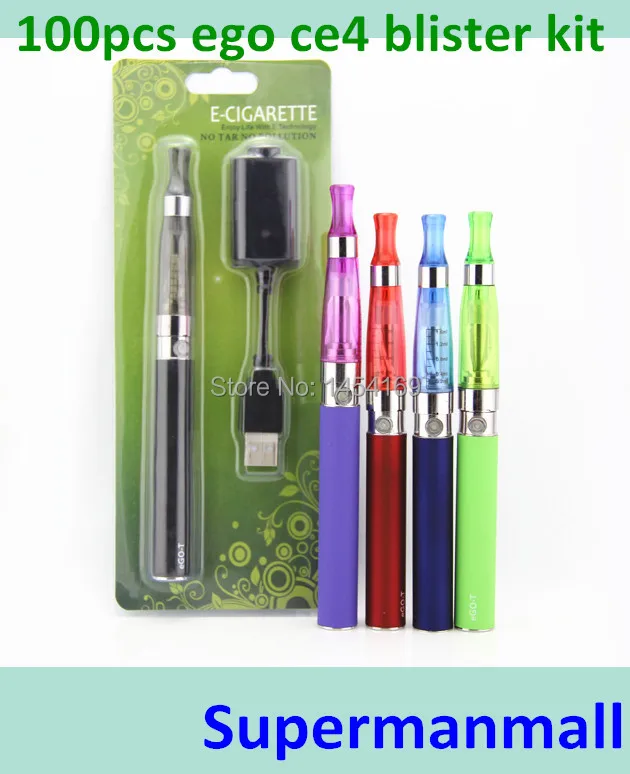 100pcs eGO CE4 Blister kit Electronic Cigarette ego ce4 ego ce5 with 650mah ~1100mah battery CE4 atomizer and charger evod mt3