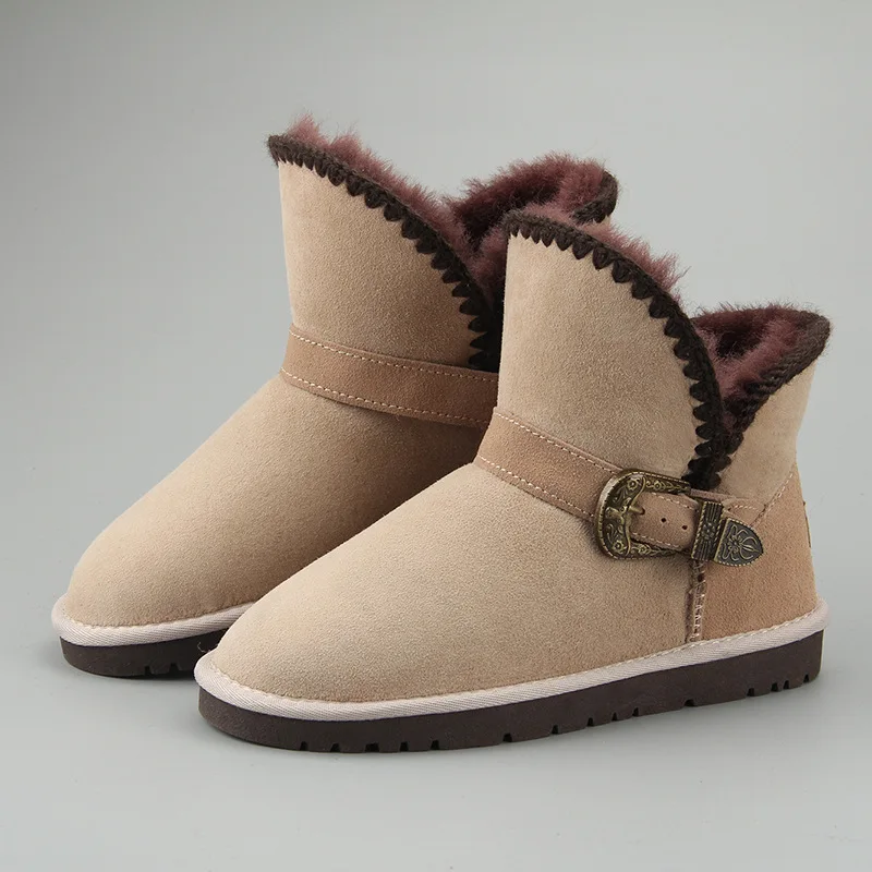 

Gorgeous and elegant brand-name belt buckle women snow boots suede Sheepskin with wool retro round head winter women's shoes
