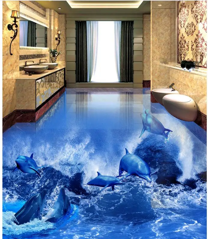 Modern Sticker 3D Floor Dolphin Wave 3D Bathroom Living Room Floor