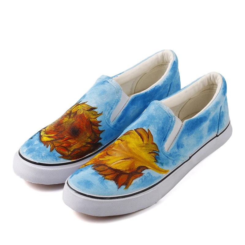 

E-LOV Designer Sunflower Painted Canvas Shoes Women Low Top Casual Flat Loafers Unisex Platform Shoe zapatos mujer