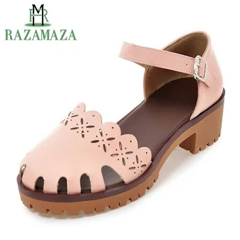 

ZALAVOR Brand Handmade Women Sandals Hollow Buckle Thick Heels Shoes Solid Color Simple Women Daily Leisure Shoes Size 34-43