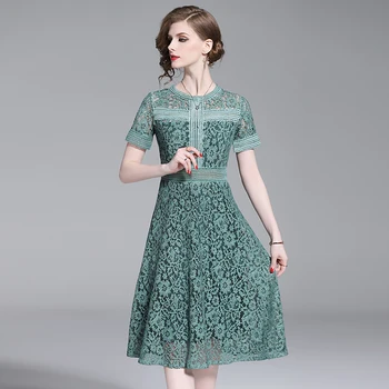 

England Style Women's New Hollow Out Temperament High Waist Slim Lace Dress Retro Fashion Round Neck Short Sleeve Party Dress