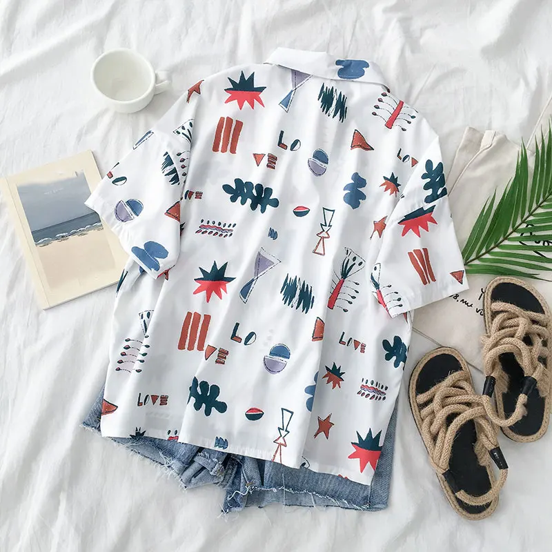 Kawaii Cartoon Short Sleeve Print Blouse Women Tops Turn Down Collar Shirts Ladies 2019 Summer Girls Loose Casual Blouse Female