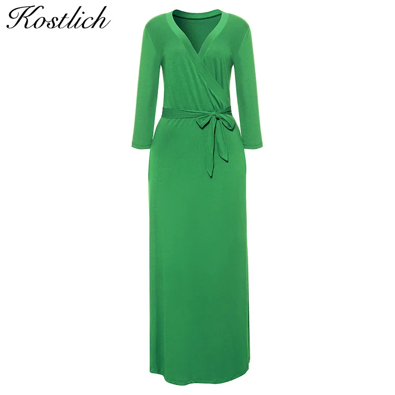 Kostlich Wrapped Deep V Neck Maxi Dresses 3/4 Sleeves High Split Sexy