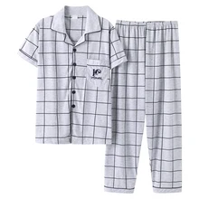 Новые летние пижамы для мужчин, хлопок, в полоску, пижамный комплект, Короткие топы+ длинные штаны, мужские пижамы с отложным воротником, большие размеры, мужские пижамы