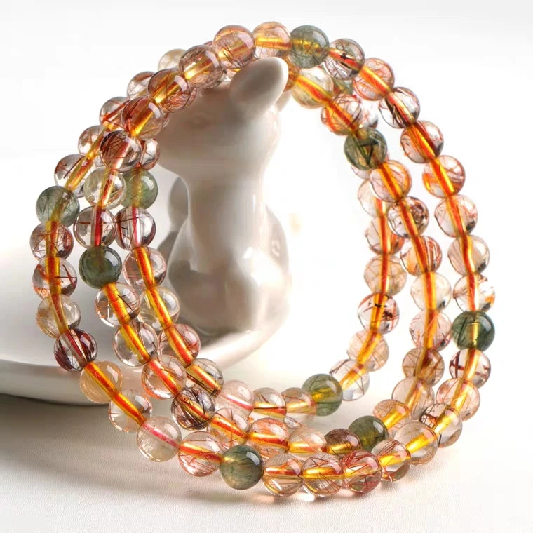 Genuine Natural Copper Rutilated Quartz Colorful Crystal Bracelet Women 6mm 7mm 3 Laps Round