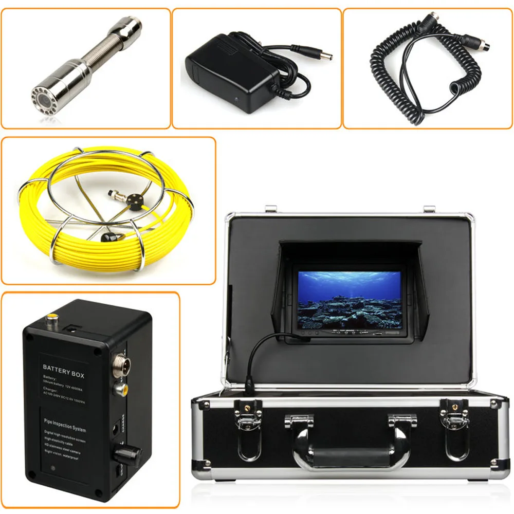

50M Sewer Waterproof Camera Pipe Pipeline Drain Inspection System 7"LCD DVR 1200TVL Camera with 12 LED Lights 4GB SD Card