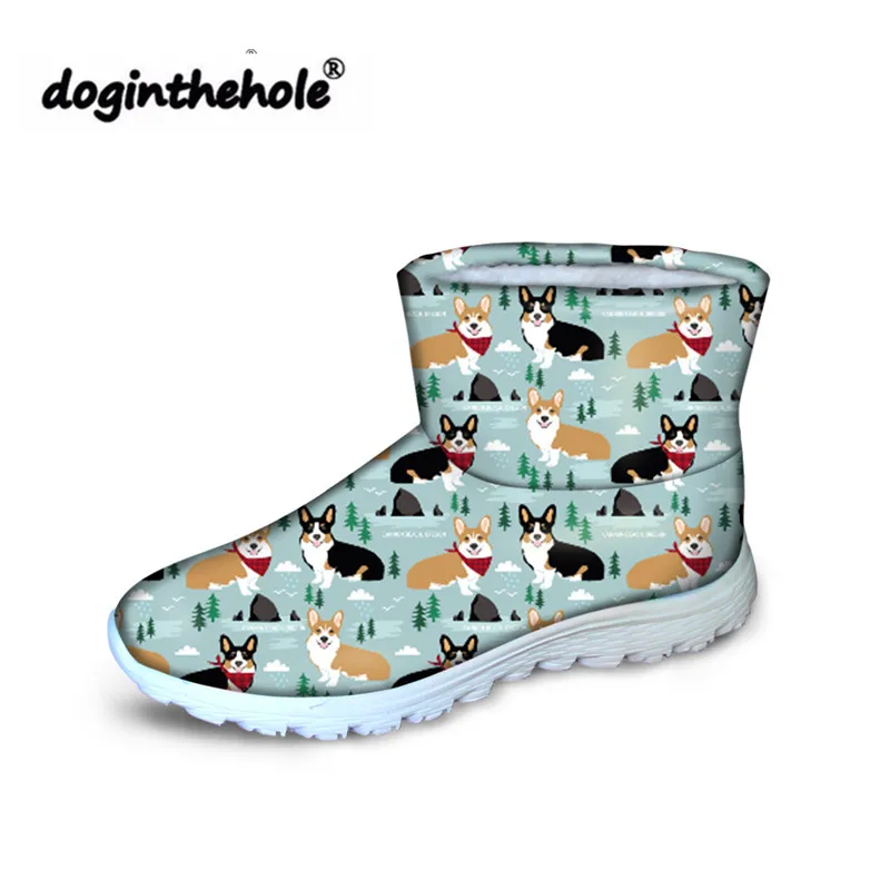 

doginthehole Winter Ankle Boots for Women Cute Corgi Printing High Boots Ladies Waterproof Warm Boots Females Flat Boots Zapatos