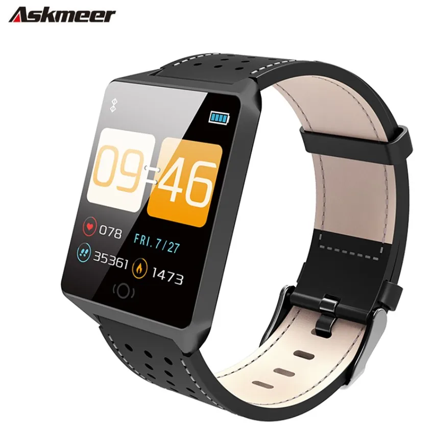 

ASKMEER CK19 Smart Watch Leather Strap IP67 Waterproof Bluetooth Pedometer Heart Rate Monitor SmartWatch Android / IOS