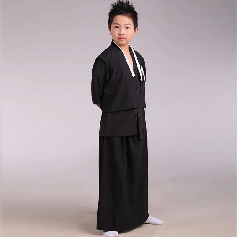 Black Japanese Boys Kimono Child Warrior Traditional Swordmen Yukata Kid Stage Performance Clothing Cosplay Costumes B-069