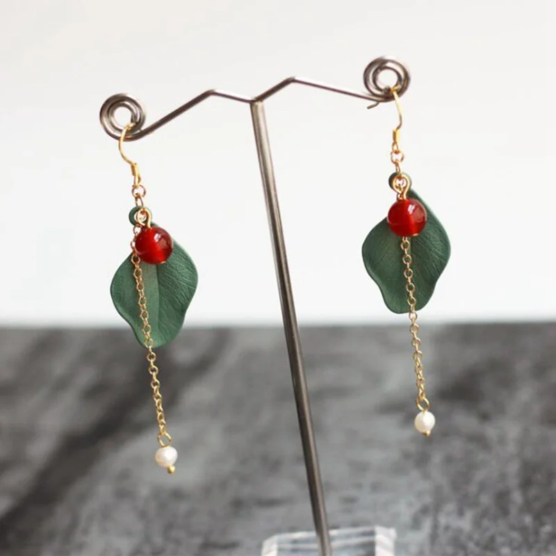 

Ruifan Fashion Leaf Red Agate Pearl Ear hook 925 Sterling Silver Women's Long Hanging Earrings Jewelry YEA213