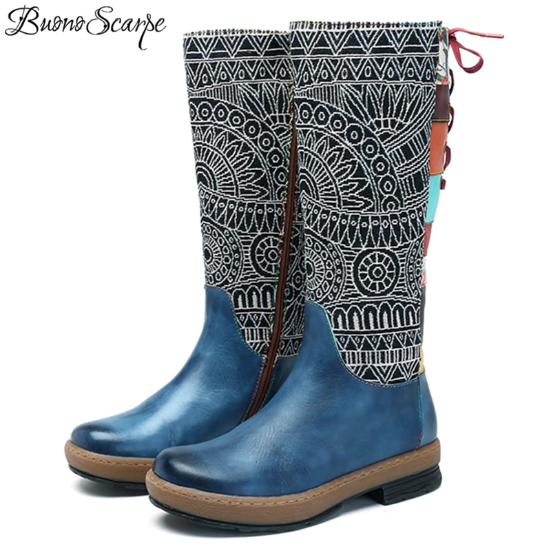 women's trendy vintage leather patchwork chunky calf boots