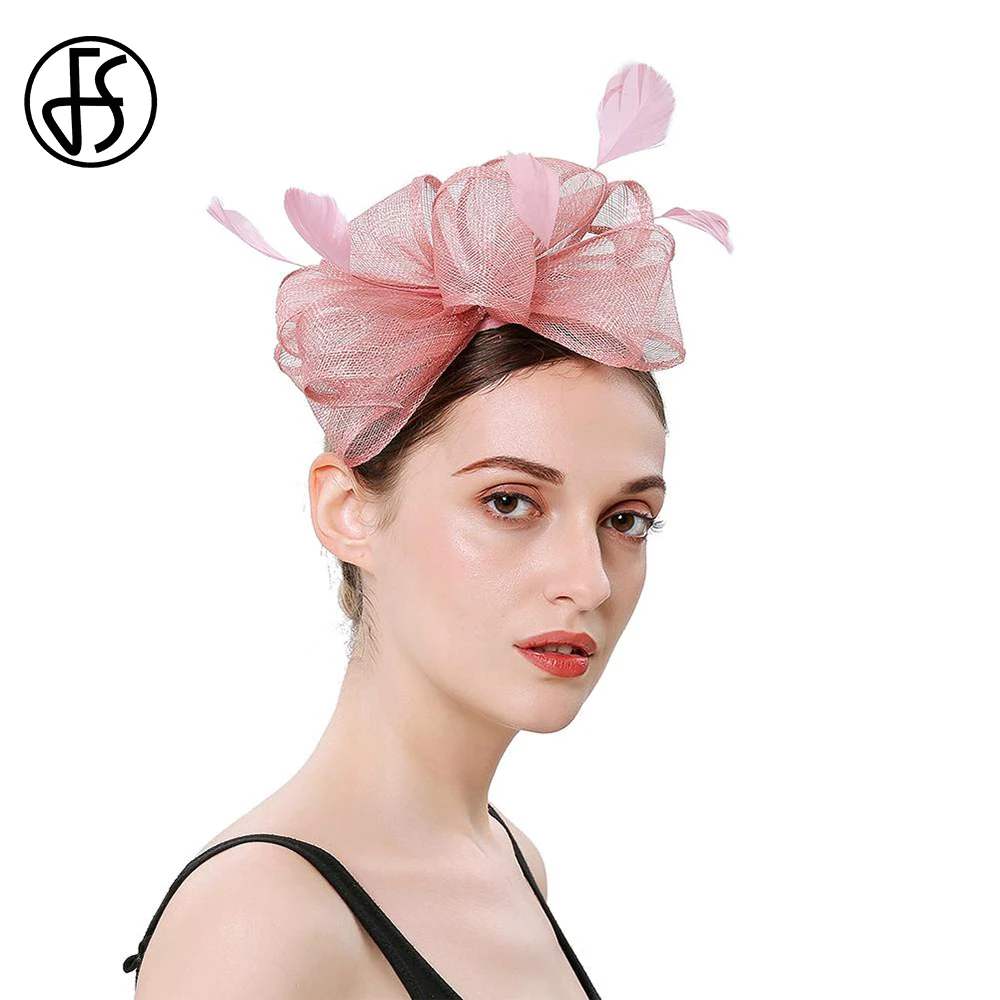 

FS Elegant Bow Fascinator Hat Headband Flower Women Church Hats Ladies Wedding Bride Headwear Hair Accessories With Feather 2019