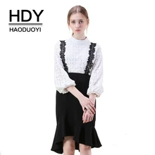 HDY Haoduoyi Женская Цветочная кружевная лента однотонная черная рыбий хвост Офисная Женская юбка высокая низкая юбка с оборками Высокая талия Bodycon S