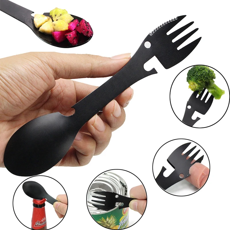 Походная посуда нож ложка Вилка открывалка для бутылок нержавеющая сталь Spork 5 в 1 мульти инструменты столовые приборы для пикника путешествия