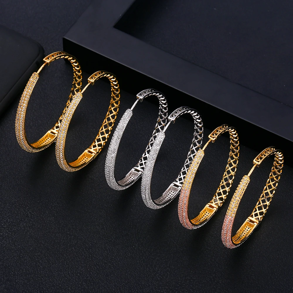 

janeklly trendy Geometric round Hoop Earrings For Women Accessories Full Cubic Zirconia Earrings Jewelry pendientes mujer moda