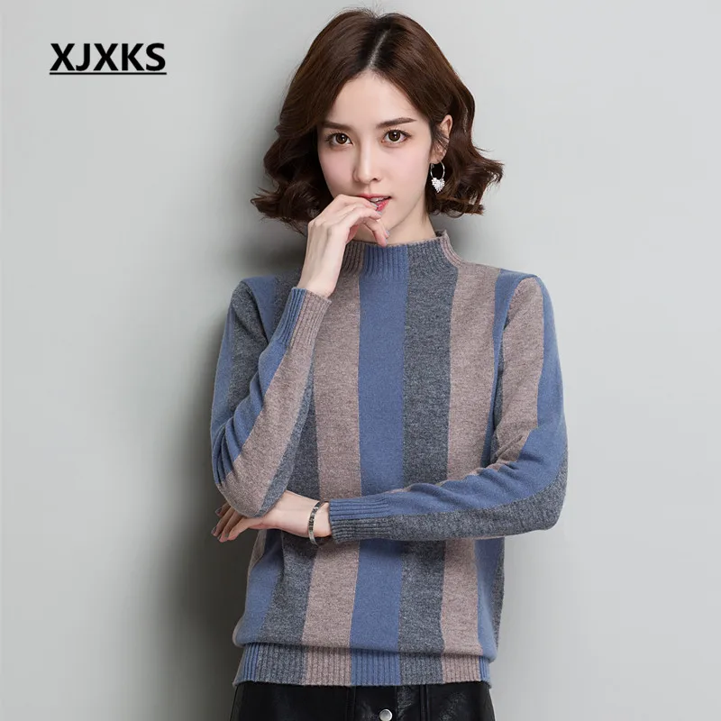 

XJXKS Turtleneck Sweaters Women Autumn Winter Jumpers Knitted Clothes 100% Wool Fashion Striped Oversized Pullover Women Sweater