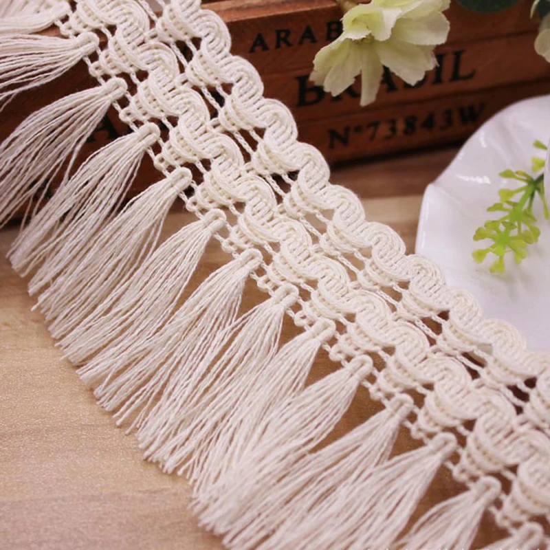 6.5cm Wide Beige Cotton Tassel Lace Dangling Fringe Lace Trims For DIY