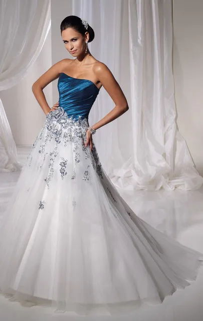 elegante sirena azul y blanco vestido de novia de apliques de encaje
