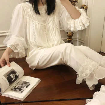 

Soft Cotton Hand-made Embroidery Women's Pajamas Sets Autumn Vintage Sweet Female White Pyjamas Long Sleeve Sleepwear 2228