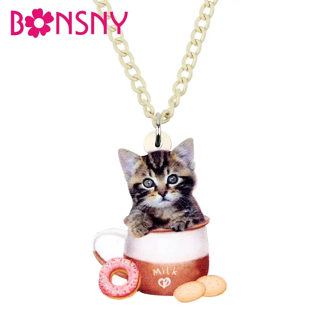 

Bonsny Acrylic Cute Coffee Cup Cat Pendant Necklace Chain Choker Animal Pet Jewelry For Women Girls Kids Charms Lots Decoration