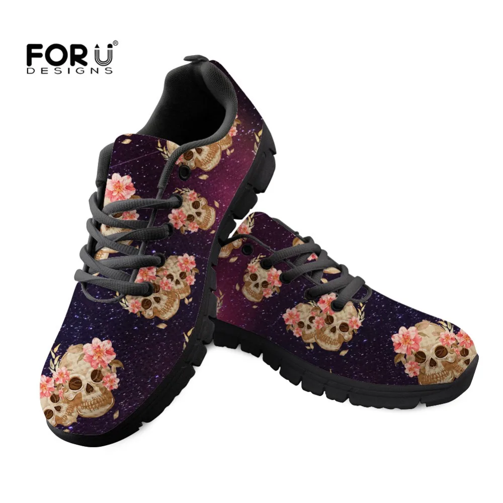 

FORUDESIGNS Sneakers Women's Shoes Rose Skull Printing Girls Lace Up Mesh Casual Woman Sneaker Flat With Tennis Feminino 2018