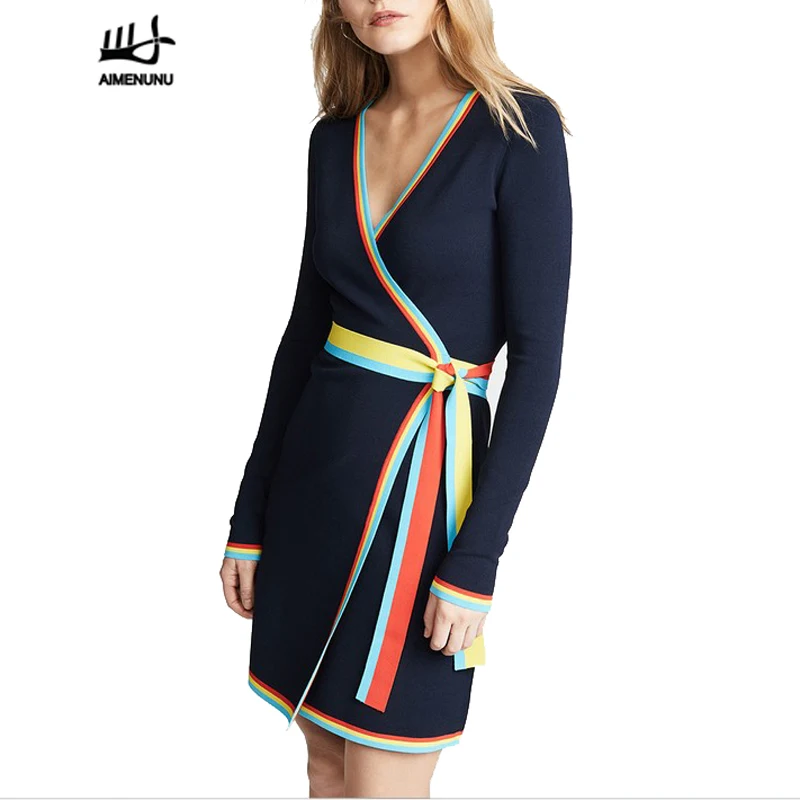 

AIMENUNU Elegant long sleeve knitted sweater dress patchwork colorful striped desses v neck female Autumn streetwear Vestido