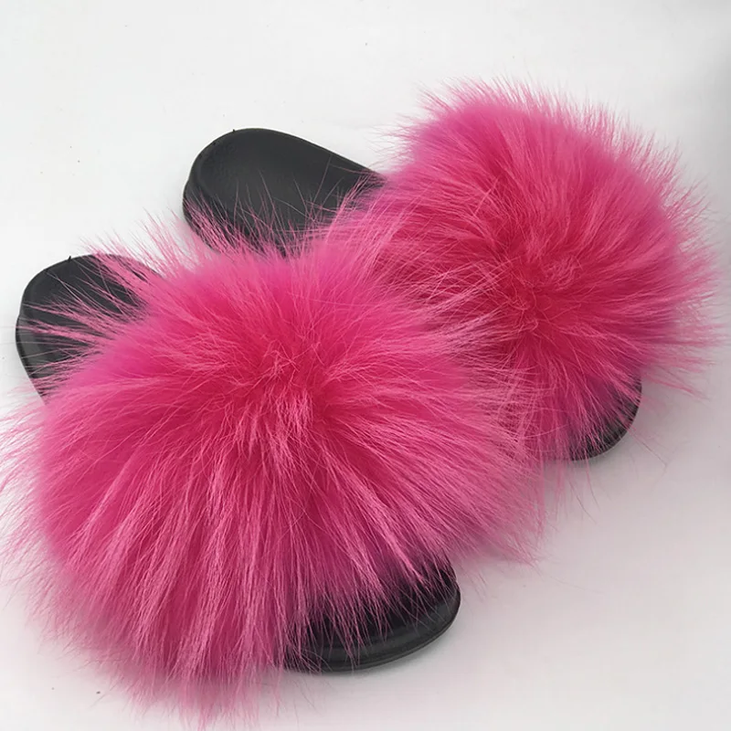 ZDFURS* New Arrivals Real Raccoon Fur Slippers Women Fluffy Fur Slides Spring Autumn Winter Indoor Outdoor Shoes - Цвет: L