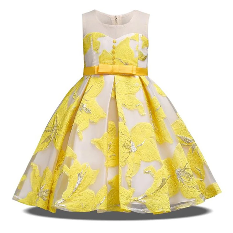 Детское праздничное платье, свадебное платье с цветочным узором для девочек, элегантное платье принцессы без рукавов, одежда для детей 3, 4, 5, 6, 7, 8, 9, 10 лет - Цвет: Yellow